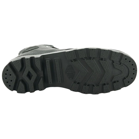 A rugged black shoe sole shows deep treads designed for traction suitable for outdoor activities placed on a neutral background with no visible context or additional elements.