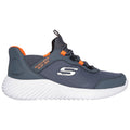 A dark gray slip-on sneaker displays a sleek design with orange accents and a textured upper The sneaker is set against a plain white background showcasing its features clearly