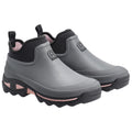 Stylish gray slip-on shoes with a black elastic collar and pink accents are presented side by side showcasing their rubberized texture and rugged sole designed for comfort and durability.