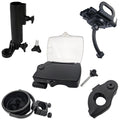 Various black accessories including clamps and holders are displayed arranged in a scattered layout suggesting their use for mounting items such as cameras or devices in different configurations.