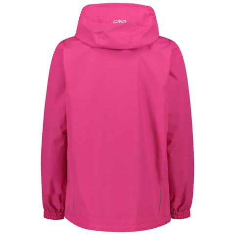 A bright pink rain jacket hangs vertically featuring a hood with elastic cuffs and a simple design suitable for outdoor activities in wet conditions.