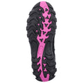 A black and pink athletic shoe outsole features a rugged tread pattern designed for grip and traction while running or hiking on varied terrains.