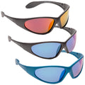 Eyelevel Kids Seal Polarized Sunglasses Three pairs of sunglasses are stacked vertically with colorful mirrored lenses and lightweight frames showcasing a sporty design in a neutral background suggesting a retail display or product showcase.