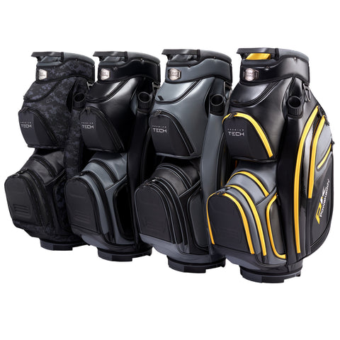 Four golf bags stand side by side, showcasing different designs and colors. They are designed for carrying golf equipment, typically used on a golf course for convenience and organization.