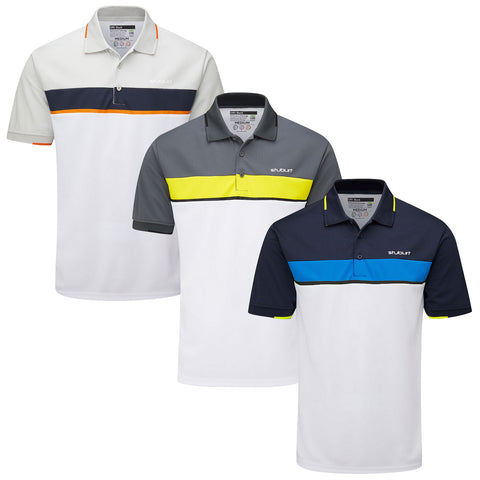 Stuburt Mens Active-Tech Coal Polo SBTS1281 Three polo shirts are displayed side by side showcasing different colors and designs each featuring a predominantly white base with varying accents of gray blue yellow and orange in a sporty style.