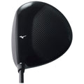 A black golf driver head with a smooth finish and textured surface rests at an angle showcasing its aerodynamic design and brand logo against a plain background.