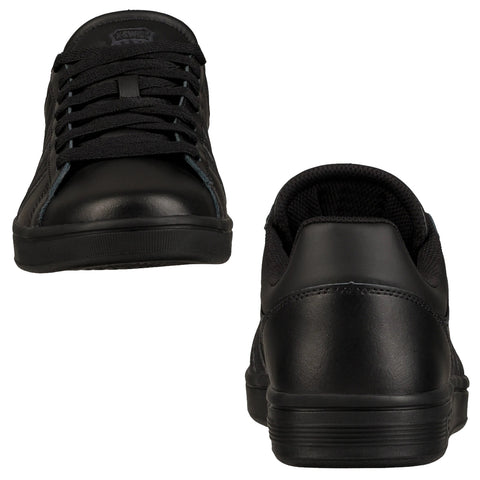 A pair of black sneakers positioned to show the front and back views are styled with a smooth leather finish and simple lacing in a neutral background.