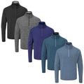 A series of five long-sleeve quarter zip tops displayed in a row showing various colors including black gray navy teal and light blue on a plain white background.