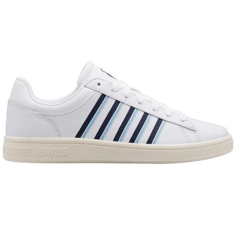 A white sneaker is displayed with blue and navy stripes on the side it is positioned upright against a neutral background emphasizing its design and colors.