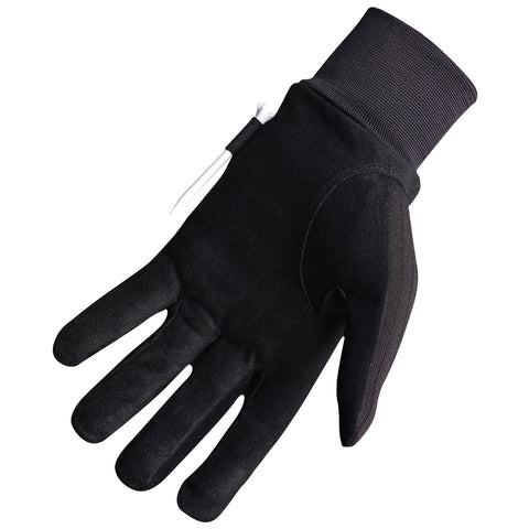 A black glove with a textured surface is displayed with fingers extended in an upward position featuring a cuff made of a stretchy material at the wrist.