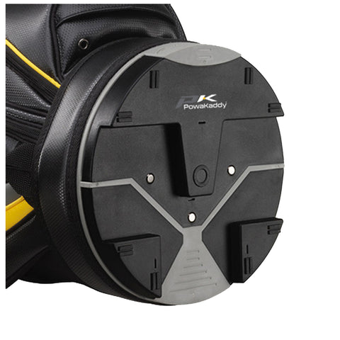 A circular black base with a logo features attachment points and a central button, indicating it is part of a golf bag stand mechanism designed for stability on uneven terrain.