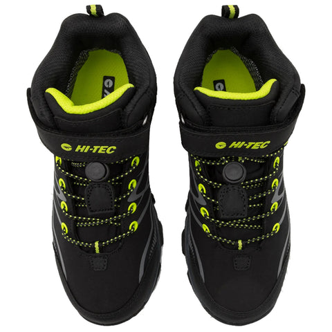 Black and yellow hiking boots are positioned side by side showcasing a high-top design with a secure strap and innovative lacing system set against a simple white background