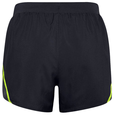 Black athletic shorts are displayed hanging straight down featuring a stretchy waistband and neon green side stripes emphasizing a sporty design suitable for exercise or casual wear.