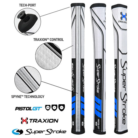 Three golf putter grips labeled Super Stroke display various technologies like Traxion control and Spyne technology with close-up details of grip textures and features in a product display context.