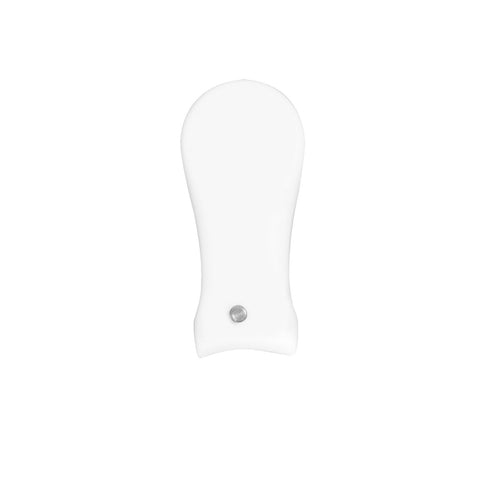 A white plastic object with a rounded end and a flat base rests upright against a plain background suggesting minimalism and functionality likely serving as a tool for a specific task.