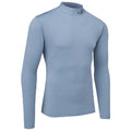 A light blue long-sleeve shirt with a high collar is displayed standing upright with no visible logos or patterns showcasing a smooth fabric texture and fitted design.