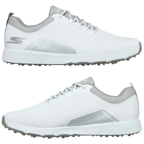 A pair of white golf shoes features a sleek design with gray accents and textured panels the shoes are placed side by side showcasing their modern style and lightweight construction