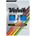 A package displays two blue golf balls labeled Volvik with the text New Vivid The World's First Ever Matte Finish Golf Ball against a light gray textured background with colorful stripes.