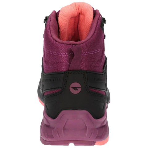 A hiking boot is standing upright showcasing a purple and black design with a pink inner lining highlighting its sturdy construction and support suitable for outdoor activities.