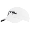 A white baseball cap with a black embroidered signature-style logo on the front is presented at an angle showing the brim and side view without any additional background context.