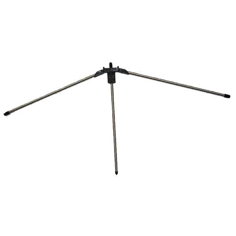 A tripod stand is positioned with three extendable metal legs and a central mount for stability designed to support equipment like cameras or lighting in a photography setting.