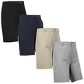 Four pairs of shorts displayed side by side in varying colors black navy beige and gray showcasing a classic design suitable for casual or semi-formal wear