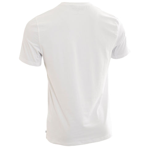 A plain white t-shirt is displayed facing away revealing a simple design with short sleeves and a round neckline this shirt is set against a neutral background