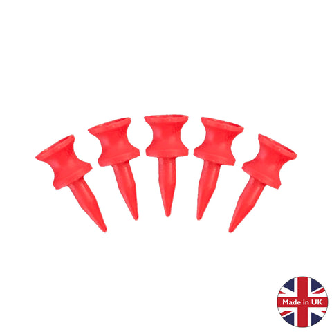 Five red push pins are displayed upright in a row showcasing their pointed ends and rounded tops against a white background. A small label indicates made in UK with a British flag.