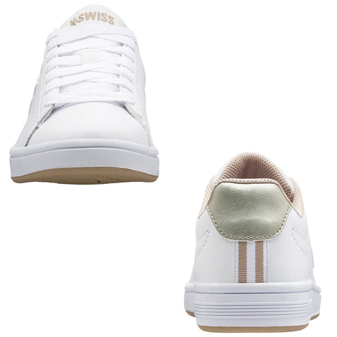 White sneakers with a smooth finish feature textured accents and laces. They sit on a light background showcasing their design and style, highlighting the brand logo on the tongue.