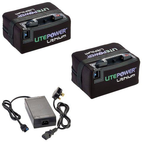 Two portable lithium battery packs are positioned side by side with their handles facing up while a power adapter with cables is placed nearby indicating they are meant for charging or power supply purposes.