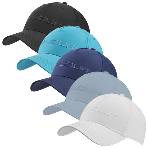 A row of five baseball caps in varying colors including black blue navy gray and white displays a logo prominently on the front emphasizing a sporty style and variety