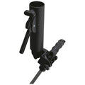 A black mounting bracket features a cylindrical holder and lever on top with a connected handle. It is designed to secure equipment in place for various applications.