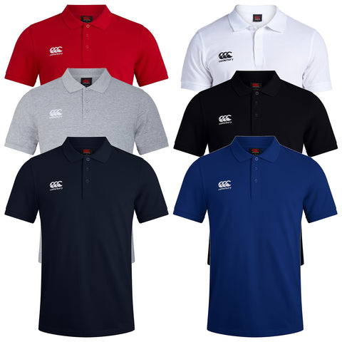 Canterbury Mens Waimak Six polo shirts in various colors hang against a neutral background showcasing red grey white black and blue shirts each with a logo on the left chest area.