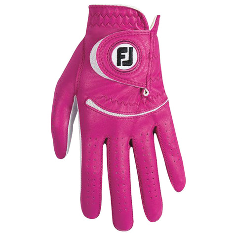 A bright pink golf glove is displayed with perforations for breathability and a logo on the back. The glove features a snug fit designed for enhanced grip during play.