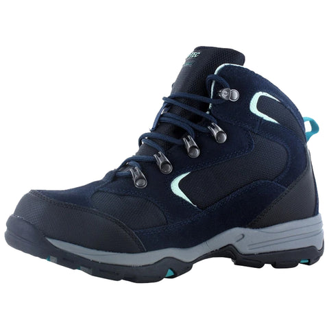 A dark blue hiking boot features laces and metal eyelets for secure fitting with a rubber sole for traction suitable for outdoor activities and rough terrain.