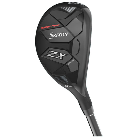 A golf club head, specifically a hybrid model, is displayed at an angle. It features a sleek black design with distinctive markings and branding, indicating it is a Srixon ZX model.