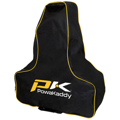 A black golf bag cover is standing upright featuring a yellow trim and the logo PK Powakaddy prominently displayed on its side designed to protect golf equipment during transport.A black golf bag cover is standing upright featuring a yellow trim and the logo PK Powakaddy prominently displayed on its side designed to protect golf equipment during transport.