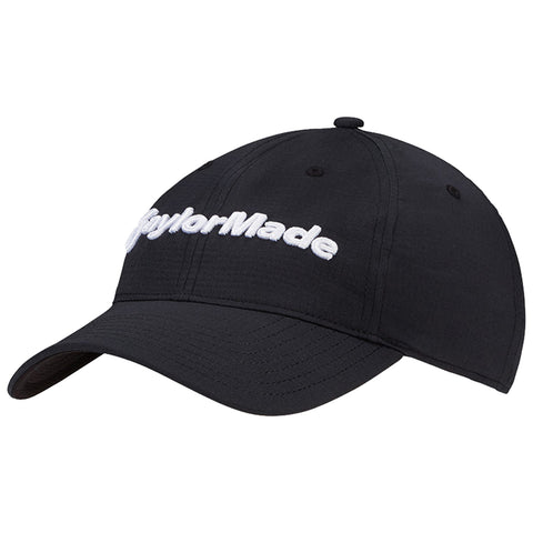 A black baseball cap displays the embroidered text "TaylorMade" in white across the front, typically worn for sun protection or style during outdoor activities.