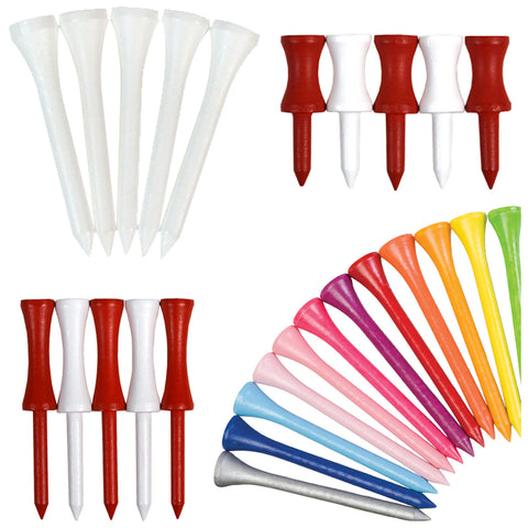 Colorful golf tees are arranged in groups of various colors including white red pink and blue with pointed ends suggesting they are used for supporting golf balls on a teeing ground.