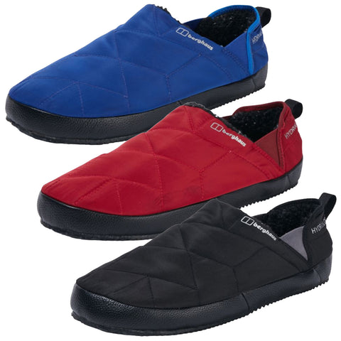 Three pairs of slip-on shoes in blue red and black are displayed with a textured upper and rubber sole designed for comfortable indoor or outdoor wear.