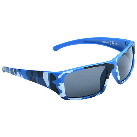 Blue camouflage sunglasses are positioned at an angle showing their frames and lenses with mirrored properties in a neutral background designed for outdoor wear and sun protection.