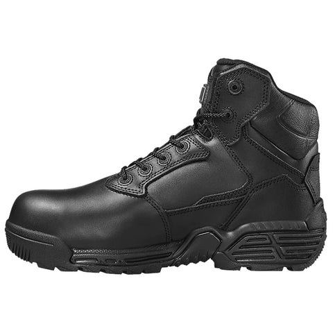 Black tactical boot featuring a high ankle design with sturdy laces and a textured surface for grip situated against a plain background.