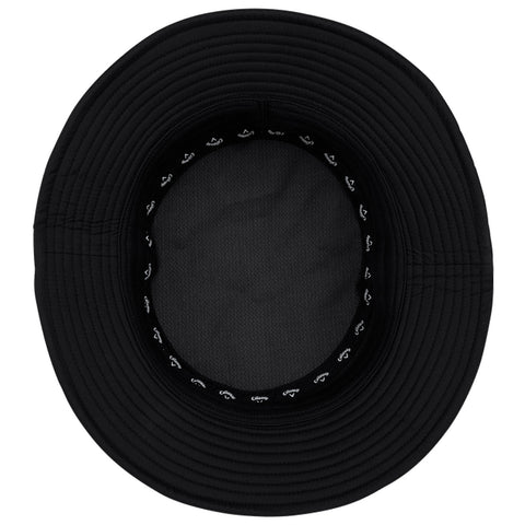 A black wide-brimmed hat displaying a textured surface rests flat with its interior visible showing a smooth lining and a patterned band around the edge providing an accessory for sun protection.