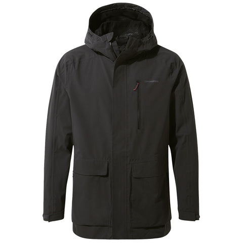 A black waterproof jacket with a hood featuring a front zipper and two large pockets is displayed against a white background, suitable for outdoor activities in rainy weather.