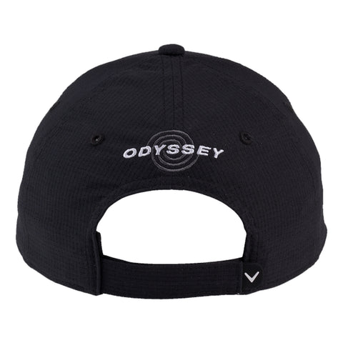 A black cap is displayed with an embroidered "ODYSSEY" logo on the back and an adjustable strap, suggesting a casual or sporty style suitable for outdoor activities.