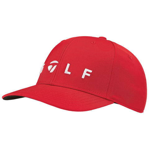 A red cap sits flat with an embroidered white logo spelling out G O L F on the front showcasing sporty design typical for outdoor activities like golfing