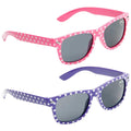 Eyelevel Kids Pixie Sunglasses Eyelevel Kids Pixie Sunglasses Eyelevel Kids Pixie Sunglasses Two pairs of sunglasses are displayed one on top of the other. The top pair is pink with white polka dots and the bottom pair is purple with white polka dots. Both have dark lenses.