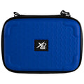 A blue, hexagonal-textured case is displayed with a black zipper and logo on top, designed for storage and protection of items.