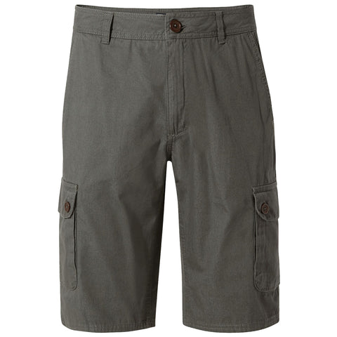 Olive green cargo shorts feature two side pockets with buttons and a flat front design, suitable for casual outdoor wear in warm weather.