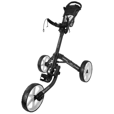 A golf push cart with a sleek black frame and large white wheels is standing upright. It features a handle and storage net, designed for transporting golf clubs and gear on the course.